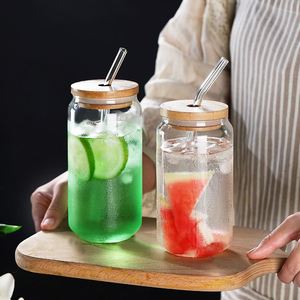 Verres en forme de canette en verre borosilicate résistant à la chaleur et au froid, type Mason Jar, verres à bière, steins, avec couvercles en bambou et pailles, vente en gros - Product Image 5