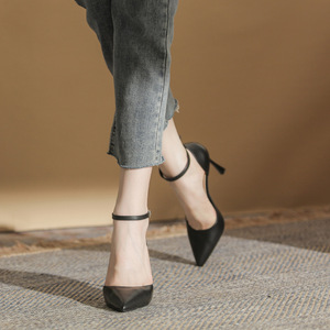 Zapatos de Tacón Alto con Punta en Pico y Correa en el Tobillo, Forro de Cuero, Zapatos de Oficina para Mujer, Tendencia de Moda, Color Sólido, Detalle de Hebilla - Product Image 4