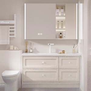 Nouvelle armoire de salle de bain style crème, lavabo intégré en céramique ardoise de luxe, meuble de rangement intelligent en bois massif - Product Image 1
