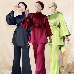 3255 Wholesale 2023 2 Pieces Plain Women Modest Long Tops Muslim Pants Malaysia satin Abaya Set For Muslim Islamic Clothing