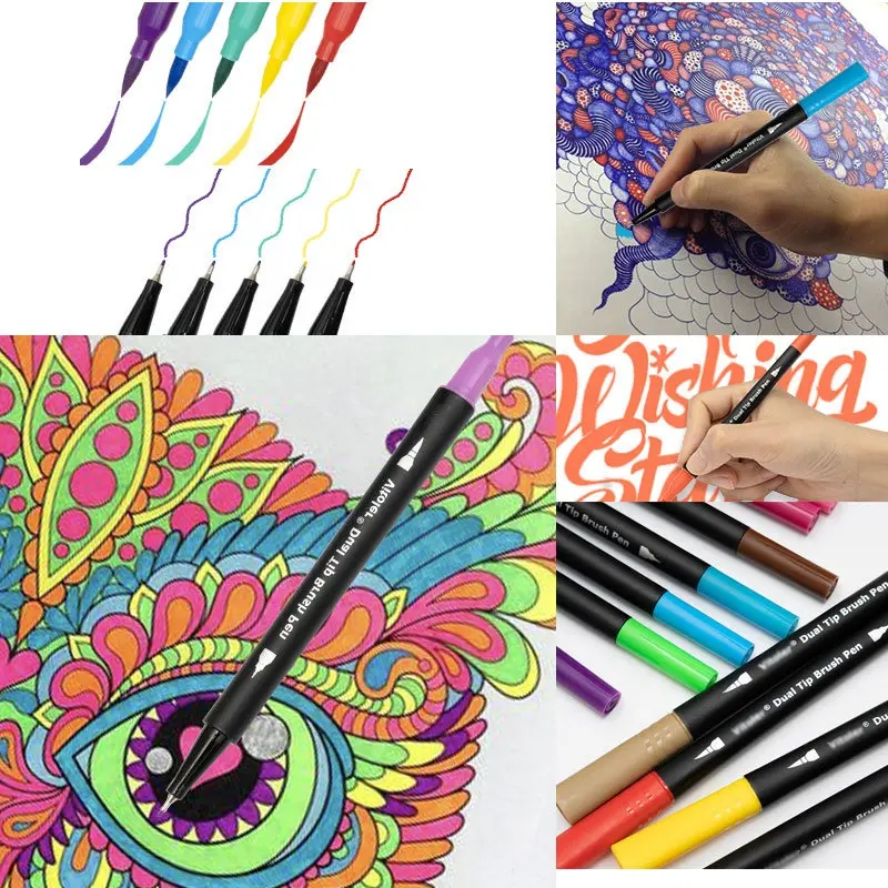 24 colors Multi-Colors Coloring Markers  Dual Tip Watercolor Brush Pen with Fine Liner Tip and Bold Highlighter Brush