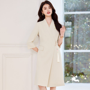 Chinese Style <b>Wrap</b> Dress Women Mid Sleeve V Neck <b>Black</b> Royal Blue Apricot Polyester Career Dress With Chinese Knot Design - Product Image 4