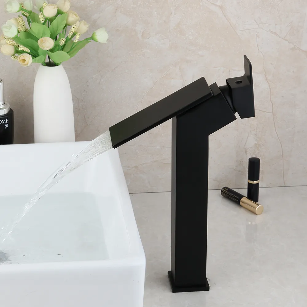 JIENI Bagno Opaco Nero Vaso Del Dispersore Del Bacino della Cascata del Becco Rubinetti Deck Mounted Rubinetto