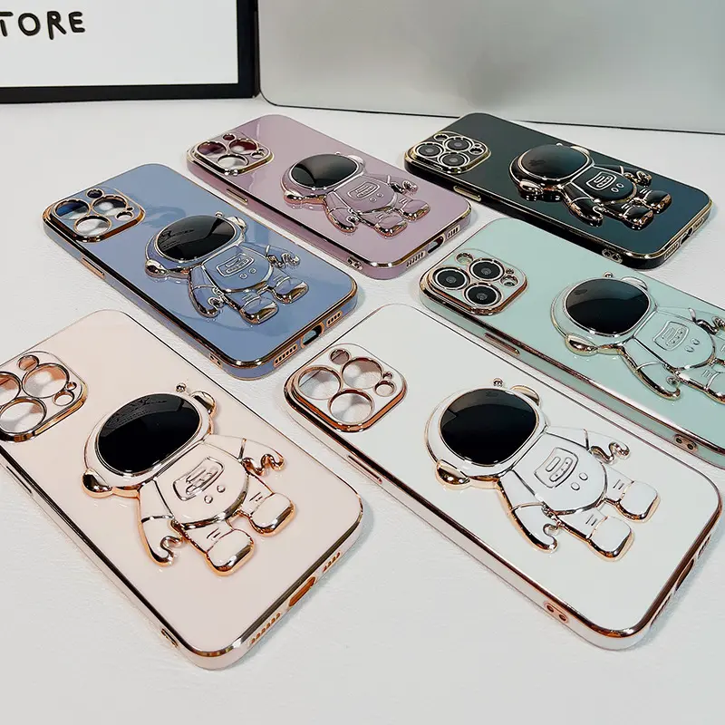 Luxury Gold Side Plating 3D Astronauts Silicone Phone Stand Holder Phone Case Cover for iPhone 11 12 13 14 Pro Max