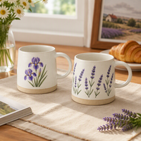 Tasse à café en céramique à motifs floraux botaniques, base imitation bois, personnalisable ODM, compatible micro-ondes, pour la maison, le bureau ou comme cadeau, vente en gros