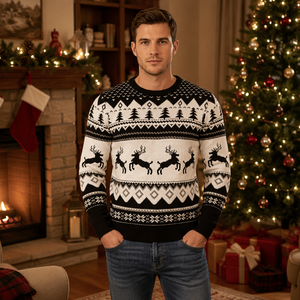 FNJIA <strong>Men</strong> Knitted Crew Neck <strong>Christmas</strong> Sweater Jacquard Knit <strong>Christmas</strong> <strong>Jumper</strong> Reindeer Tree Snowflake Long Sleeve Holiday Sweater - Product Image 2