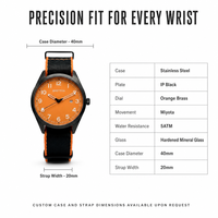 Montre à boîtier rond tout noir avec cadran orange vif, chiffres arabes et bracelet en nylon noir avec bordure orange