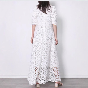 <b>White</b> <b>Lace</b> Maxi Dress V-Neck Floral Print Hollow Sheer Layer Evening Dress Natural Waistline Zipper Front - Product Image 3