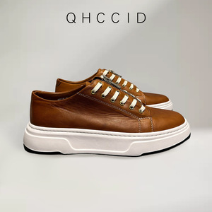 Baskets Chunky en Cuir Véritable pour Hommes, Semelle Épaisse, Fermeture Éclair, Coupe Basse, Talon Moyen, Chaussures Décontractées Quotidiennes, Style Rétro, Marron - Product Image 4