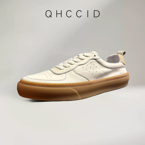 QHCCID <b>White</b> Leather Sneakers Low <b>Heel</b> Lace-Up Casual Daily Wear - Product Image 3