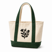 Tas Tote Kanvas Mini Bordir Logo Kustom dengan Lis Hijau, Alas yang Diperkuat, Tas Belanja Floral yang Dapat Digunakan Kembali untuk Wanita