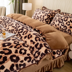 Milk Velvet Four Piece Bedding Set Winter Warm Double Sided Flannel Duvet Cover Set Leopard Print - Product Image 1