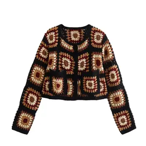 Vintage Custom Made Granny Square Patch Knit Sweater Knitwear Women Knit Tops Crochet Cardigan
