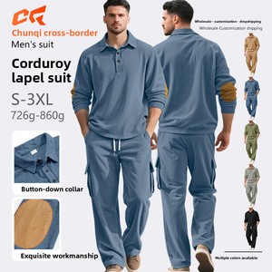 2026 traje de ropa de trabajo deportiva Vintage para hombre, informal, transfronterizo, de dos piezas, cuello vuelto, manga larga, Color sólido, transpirable, suelto - Product Image 2