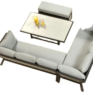 Conjunto de muebles de jardín de ratán para exteriores de cuatro piezas marco de <span class=keywords><strong>aluminio</strong></span> estilo ocio en forma de L de esquina de Color gris duradero de alta calidad - Product Image 1