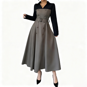 Robe de bureau élégante pour femmes avec col rabattu et boutons tendance, robe <span class=keywords><strong>longue</strong></span> à manches longues avec ceinture, couleur contrastée - Product Image 2