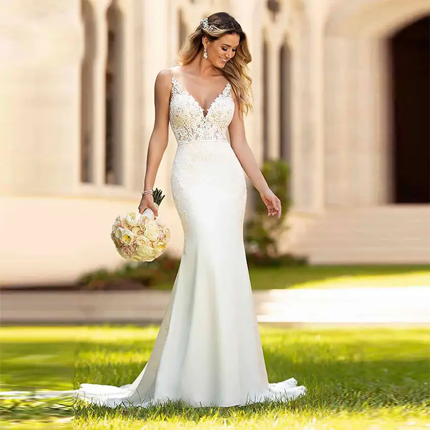 Robe de mariée sirène en dentelle 2022, trompette, col en V, traîne Court, bretelles Spaghetti, robes de mariée de luxe pour femmes