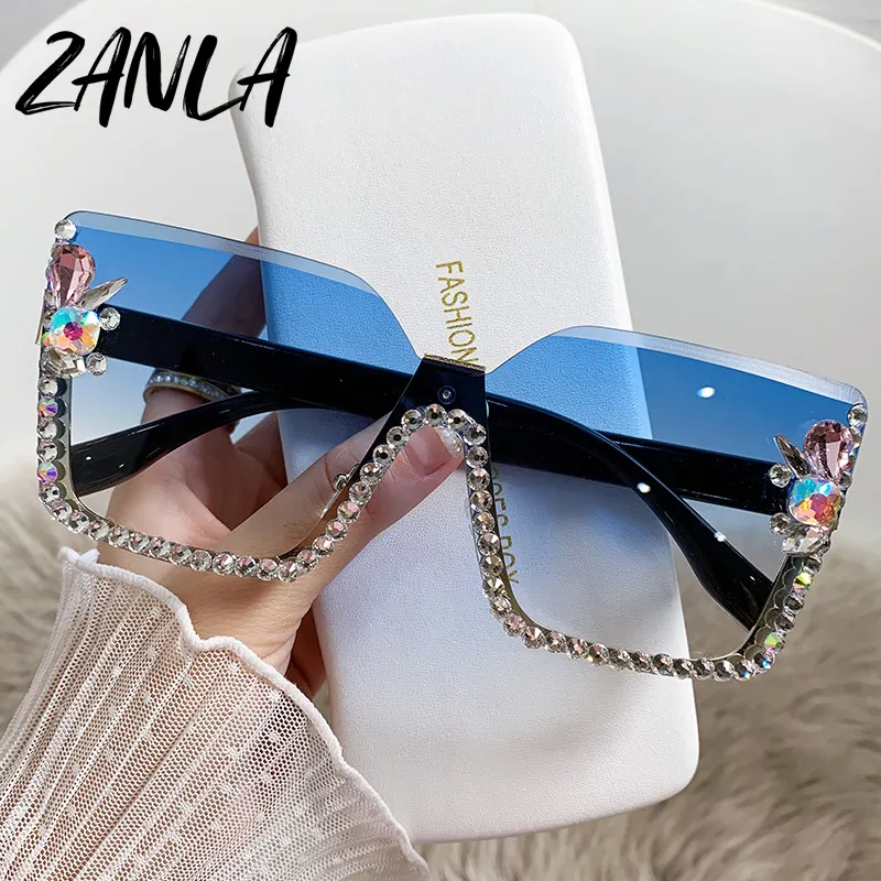Gafas de Sol de marca de lujo Vintage sin montura con diamantes de imitación para mujer y hombre 2023 nueva moda lente degradada gafas de sol para mujer