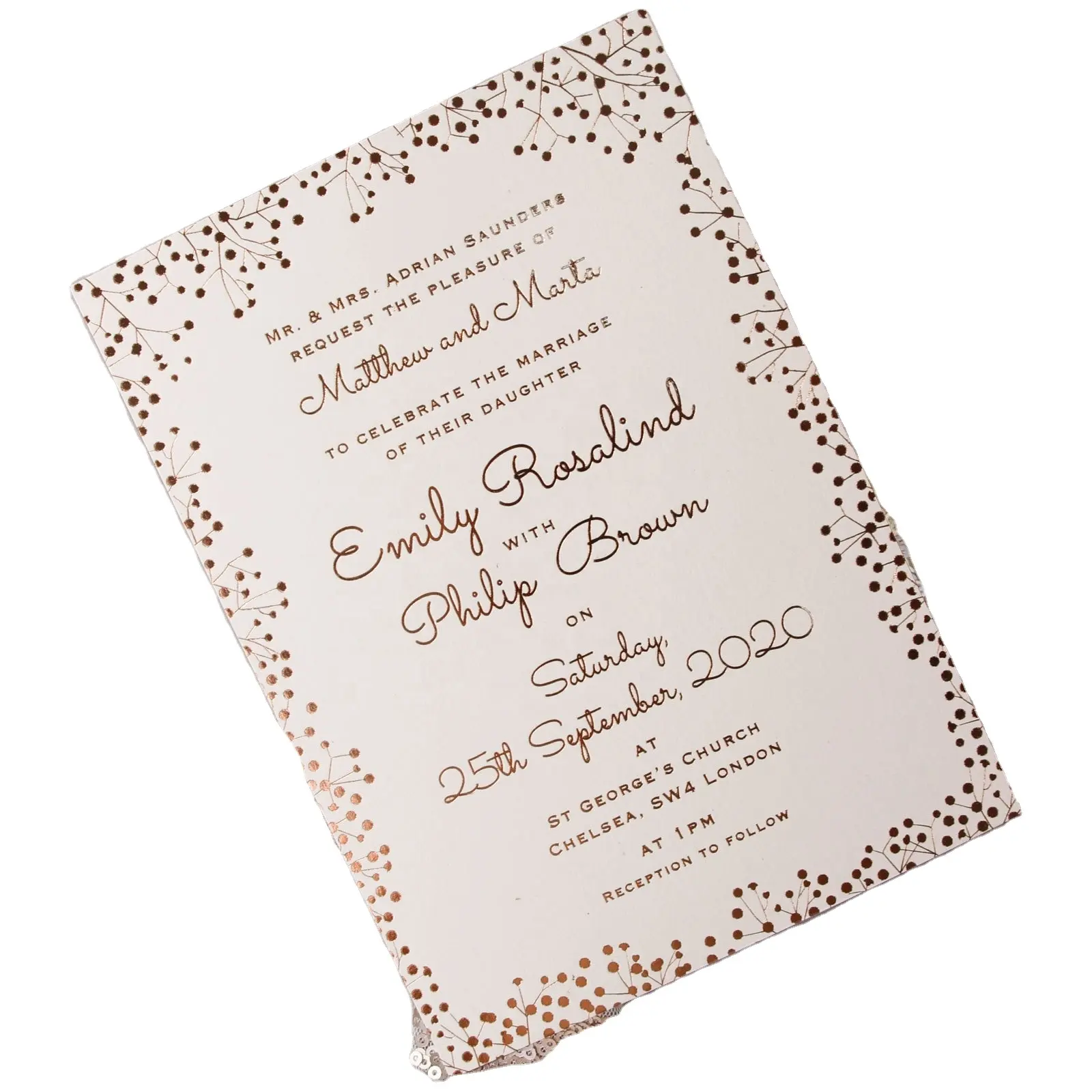 Carte d'invitation estampillée sur feuille d'or Rose, carte de vœux pour mariage pièces, carte de remerciement pour bijoux