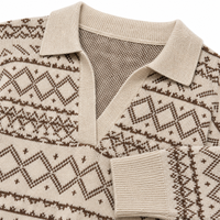 Ensemble pull tricoté jacquard Fair Isle beige personnalisé et pantalon large, motif géométrique, deux pièces côtelées à col polo, vente en gros OEM