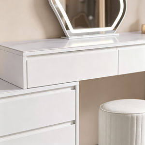 Coiffeuse moderne blanche avec miroir LED, meuble de rangement et tabouret pour chambre à coucher - Product Image 2