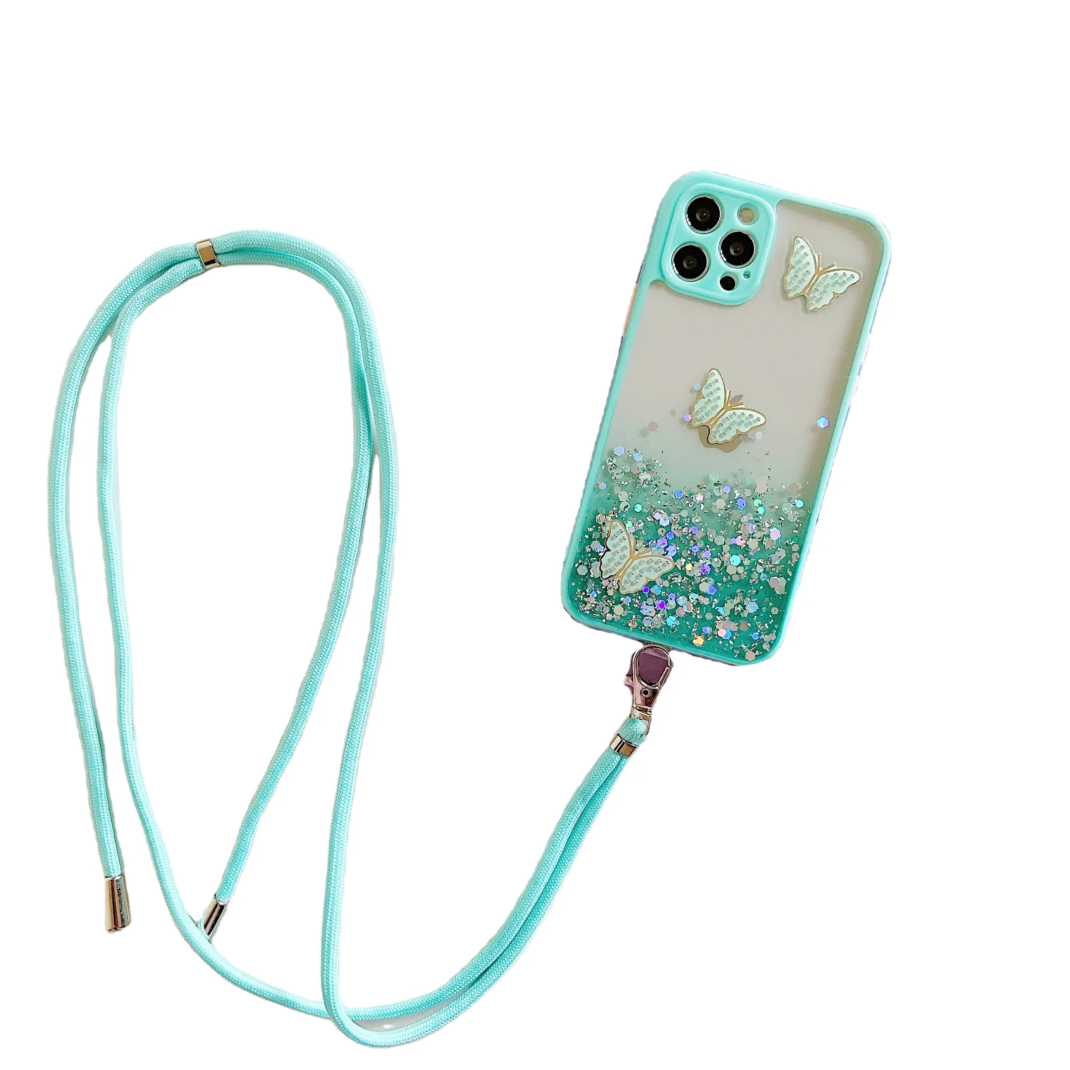 Girly Bling Glitter Schmetterlings muster mit Hals Spitze Kristall Weiche Silikon Rückseite Niedliche Telefon hülle für Iphone Promax
