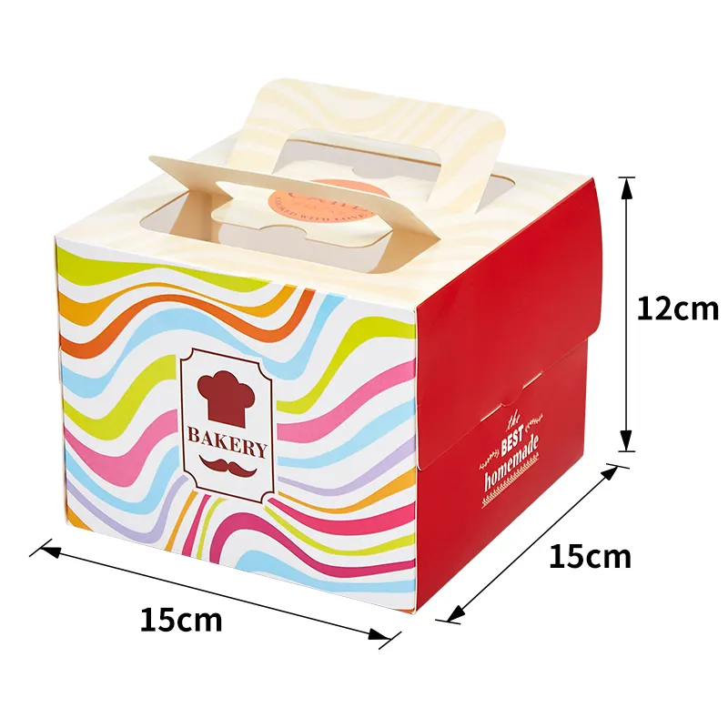 กล่องใส่เค้กกระดาษสีแบบมีหูจับและหน้าต่างโปร่งใสพิมพ์โลโก้และขนาดตามสั่ง