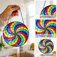 Attrape-soleil en vitrail Art Déco à motif tourbillon arc-en-ciel - Décoration spirale colorée à suspendre à la fenêtre pour Noël et les anniversaires