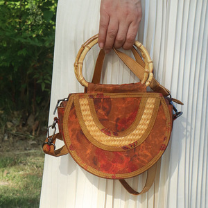 Bamboo Handle Half Moon <b>Bag</b> Canvas <b>Patchwork</b> Zipper Closure Everyday Tote Women's Summer 2024 - Product Image 1