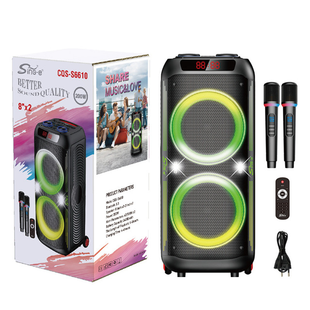 CQS6610 Double 8-Inch 120W 5.0 for 5.0 Speaker RGB LED Lights Remote Control 5000mAh Battery-High Power HiFi Sound Quality