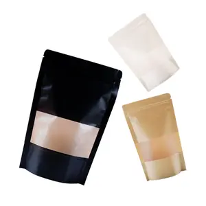 Stock di carta kraft colorata stand up pouch con cerniera per finestra bustina di tè cibo per snack sigillati doypack di imballaggio per il confezionamento di semi di caffè