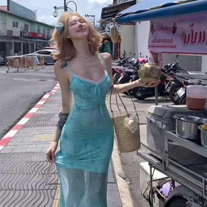 Light Green Mesh Mermaid Bodycon Dress Strapless Long Beach Vacation Sundress For Women Polyester Fabric Splicing Design - Product Image 3
