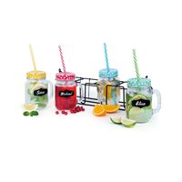 Excelsa – Lot de 4 mugs réutilisables en verre style rétro avec motif rayé, couvercles colorés et pailles, compatibles lave-vaisselle, pour fêtes