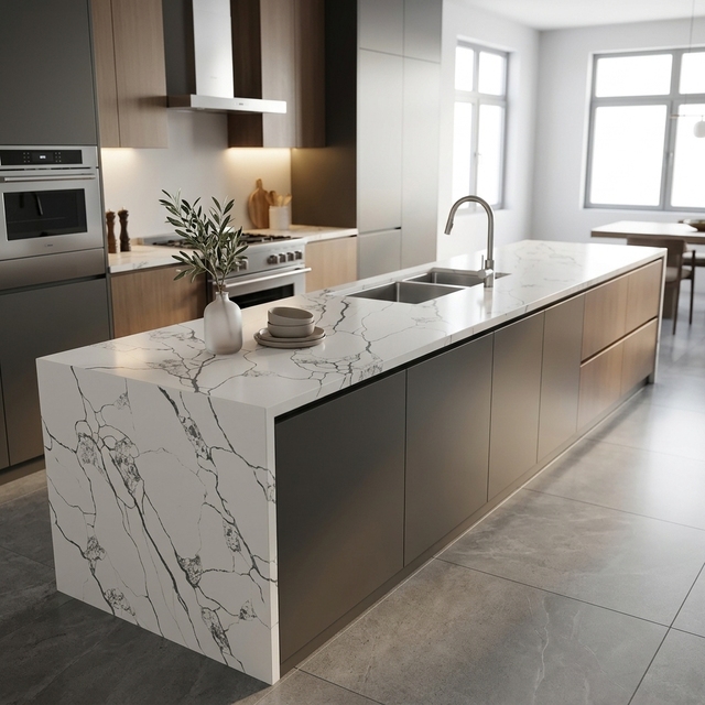 High Gloss Calacatta Quartz for High Traffic Kitchen Countertops Luxury Master Bathroom Vanity and Bathtub Deck
