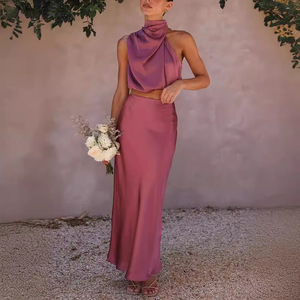 New Spring Summer Satin Solid Short Slim Casual Women's Dresses Two Piece Sets with Pleated Stand Collar - Product Image 6