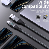 Kabel isi daya ponsel USB-C 60W, kabel pengisian daya cepat, panjang nilon kepang dengan tampilan Digital LED, jaket PVC tipe PD untuk ponsel 1m 2m 3m