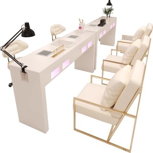 Table de manucure en bois double place entièrement blanche, moderne et luxueuse, tables à ongles prothétiques avec lampe et collecteur de poussière - Product Image 5