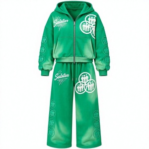 Ensemble de survêtement vert personnalisé 2 pièces : sweat à capuche et pantalon large unisexe, tenue de sport décontractée, ensemble de jogging avec logo personnalisé imprimé - Product Image 1