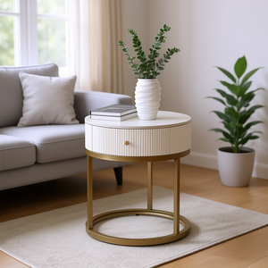 Tavolino Moderno Rotondo in Ferro Bianco con Cassetto, Comodino per Camera da Letto e Soggiorno - Product Image 2