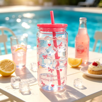 Gobelet en plastique PC de 500 ml (16,9 oz) avec logo personnalisé, motif nœud et cœur, avec paille, idéal pour café glacé, jus, voyages et fêtes