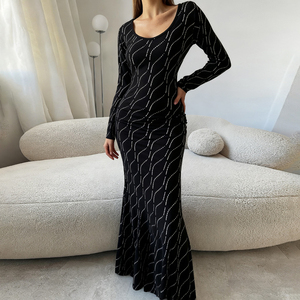 European American Style Elegant Rhinestone Print Long Sleeve Dress Sparkly Sequins U Neck Mermaid Hem Dress - Product Image 4