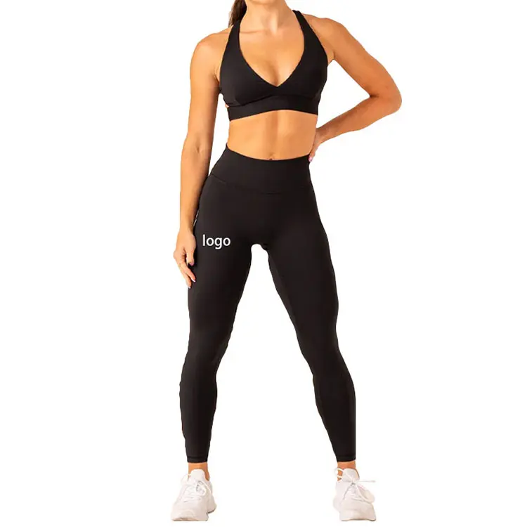 Sujetador deportivo personalizado con cuello en V bajo y mallas de yoga, conjuntos de 2 piezas, conjuntos de entrenamiento de gimnasio para mujer