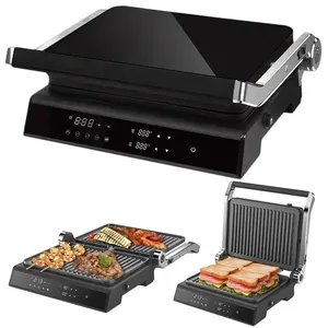 Aifa Parrilla eléctrica Superficie de vidrio digital Panini Grill Interior Sandwich sin humo Prensa Tostadora Abre 180 grados Parrilla de contacto