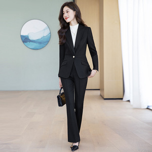 Gray Women's Two-Piece Suit Set Slim Fit Flared Trousers Formal Spring Anti-Wrinkle Polyester Worsted Full Sleeve - Product Image 4