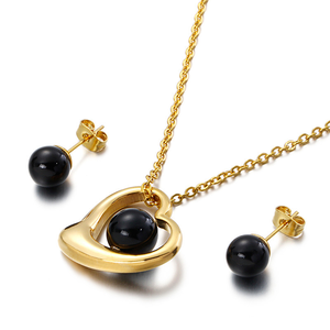Conjunto de collar y pendientes de cuentas negras con forma de corazón hueco para mujer, de alta calidad, estilo retro, ligero, de acero de titanio en tono plateado - Product Image 2