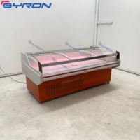 Nouveau modèle de vitrine réfrigérée à viande ouverte à plateau plat de 1,5 m, à refroidissement direct et statique, avec double piliers de support, pour la présentation de viande fraîche