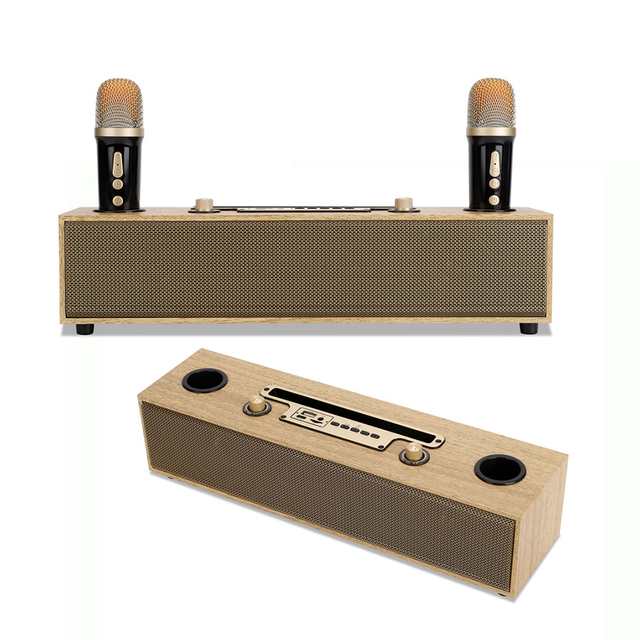 OEM Wireless Mic Wooden Super Bass Stereo HIFI Karaoke Speaker FM Radio Support TF/USB Active Home DJ Party Professinal Speakers