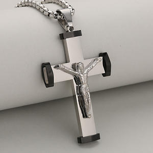 Collar con colgante de moda de acero inoxidable para hombre, cadena de plata chapada en oro, Cruz grabada para aniversarios religiosos cristianos - Product Image 4