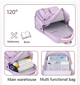 Nuovo Zaino Scolastico 2026 per Bambini con Stampa Floreale Viola Pastello, Fiocco e Ciondolo a Palla in Peluche, Impermeabile - Product Image 4