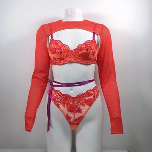 Women's Sexy 3-Piece Lace Lingerie Set Long Sleeves Bra Thongs Transparent With Hollow Customizable Logo Shaped Suit Underwear - Product Image 6